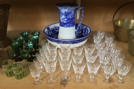 Victorian green glasses, two silver salts and other china and glass